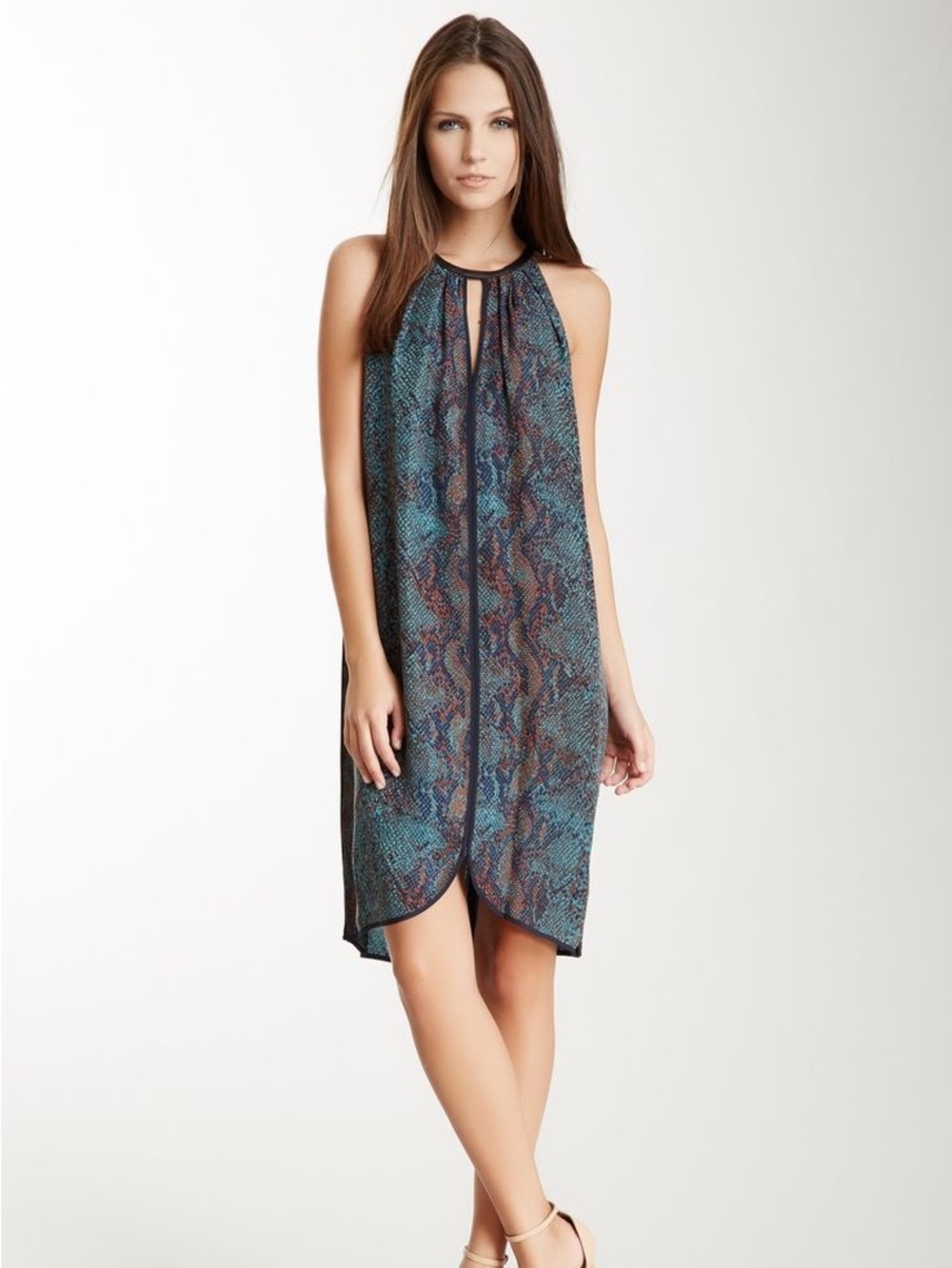 Rebecca Taylor Snake Animal Print Lamb Leather Trim Silk Dress 4